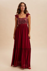 Burgundy Chiffon Sequin Bodice Maternity Maxi Dress