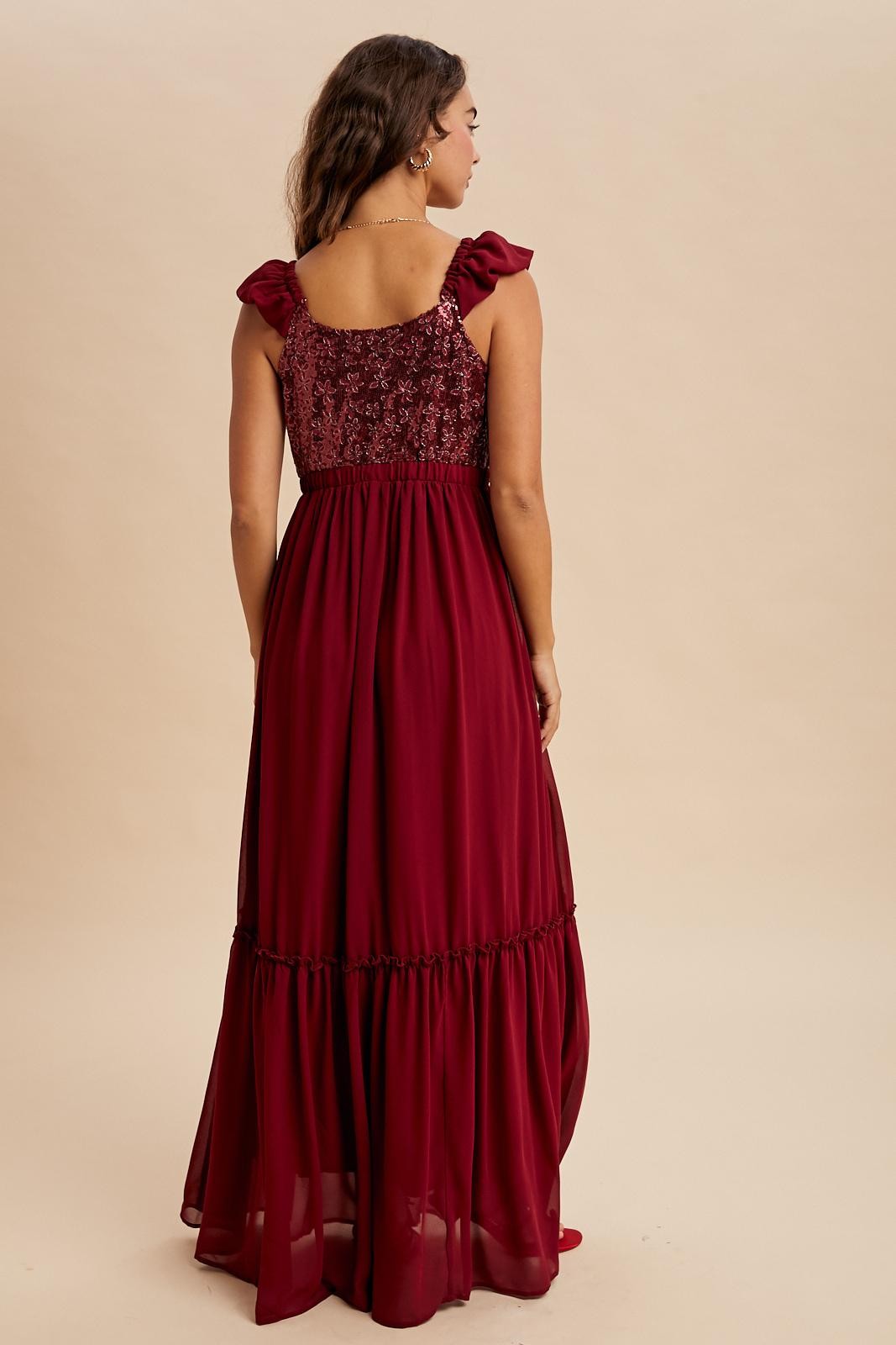 Burgundy Chiffon Sequin Bodice Maxi Dress