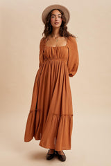 Rust Square Neckline Bubble Sleeve Maxi Dress