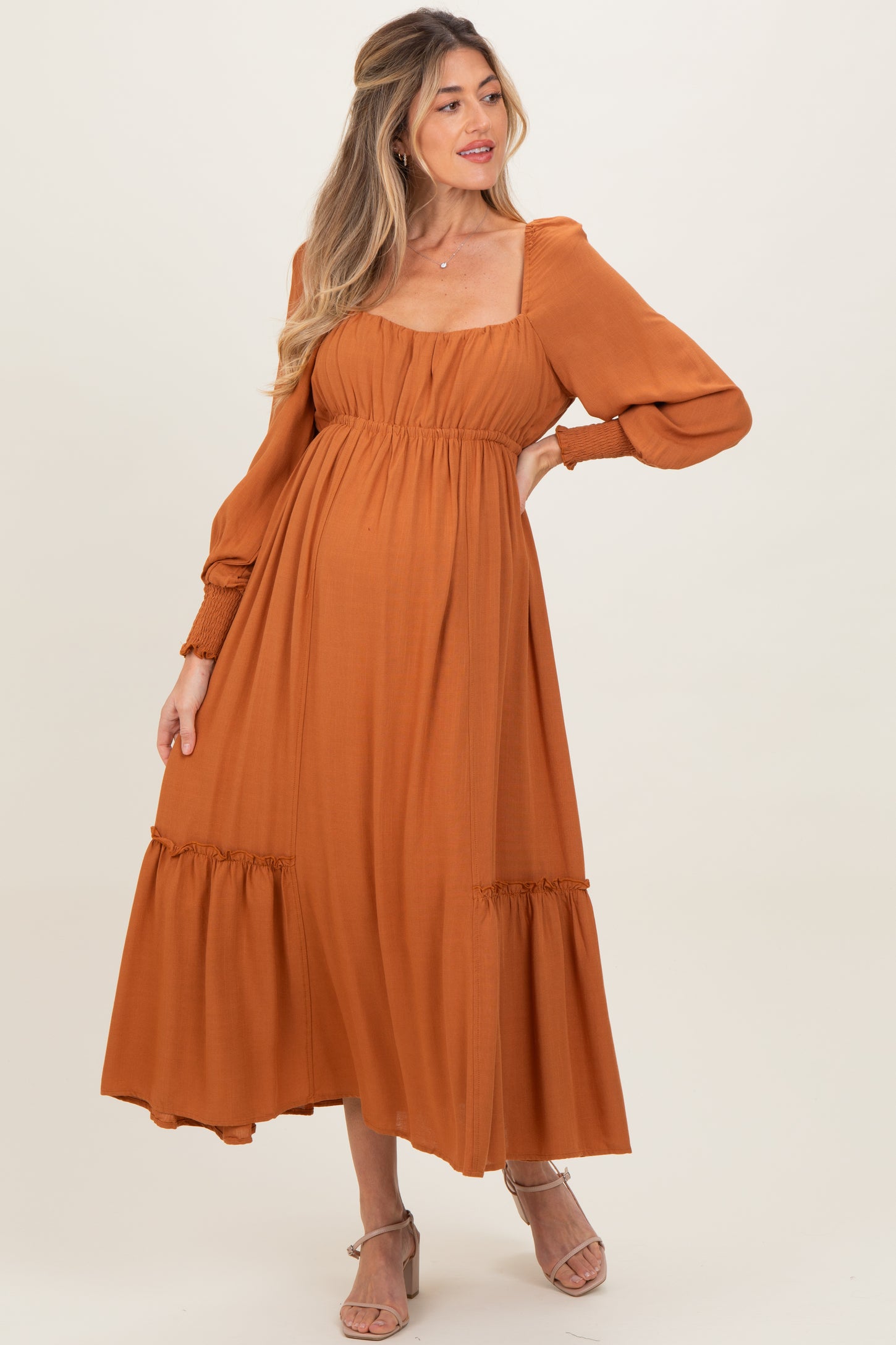 Rust Square Neckline Bubble Sleeve Maternity Maxi Dress