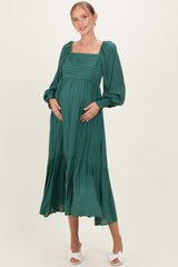 Forest Green Pleated Bodice Long Sleeve Maternity Maxi Dress