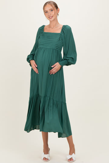Forest Green Pleated Bodice Long Sleeve Maternity Maxi Dress