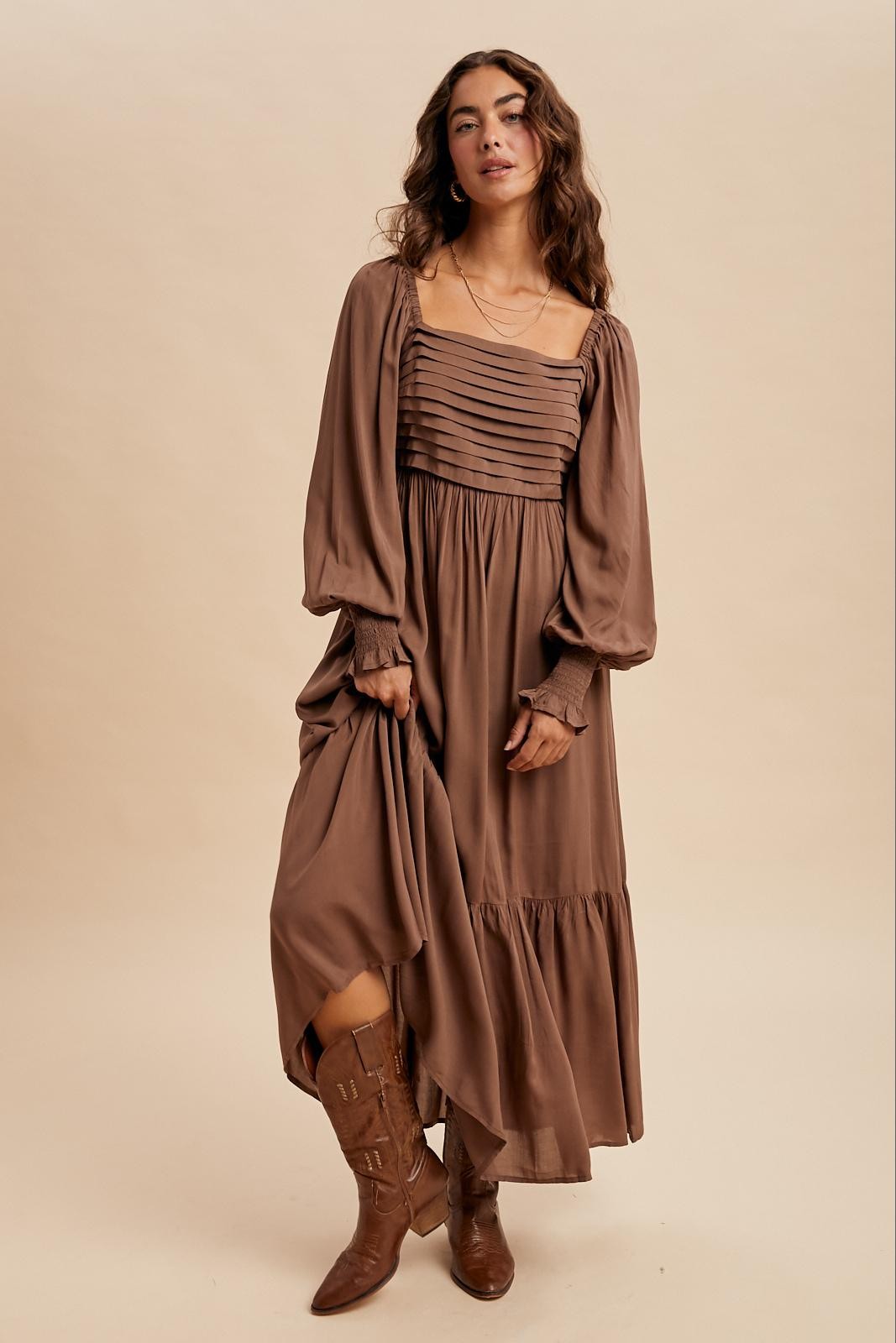 Mocha Pleated Bodice Long Sleeve Maxi Dress
