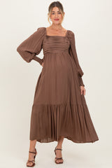 Mocha Pleated Bodice Long Sleeve Maternity Maxi Dress