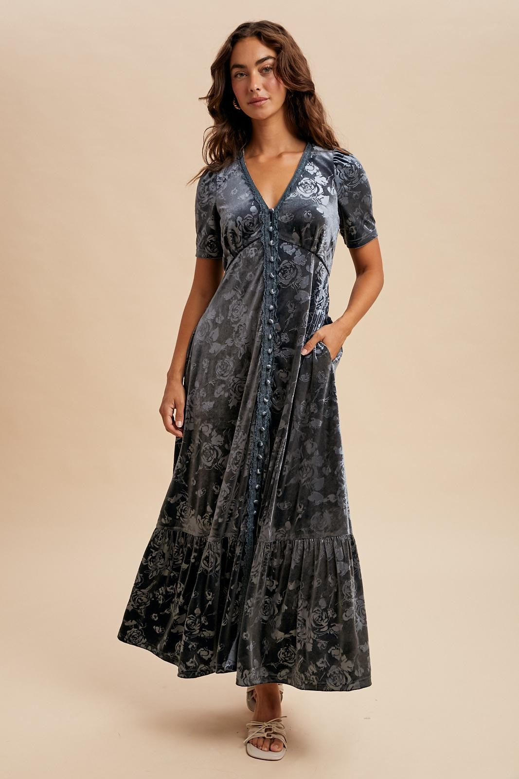 Blue Grey Velvet Floral Button Down Maxi Dress
