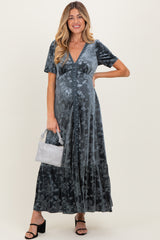 Blue Grey Velvet Floral Button Down Maternity Maxi Dress