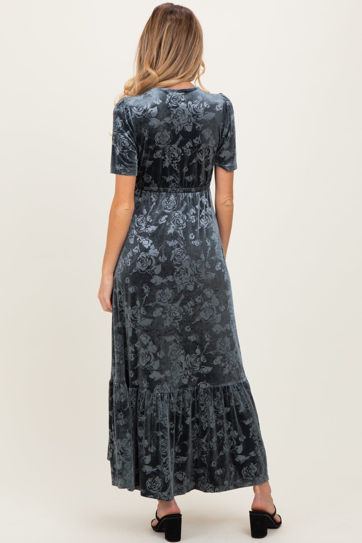 Blue Grey Velvet Floral Button Down Maternity Maxi Dress