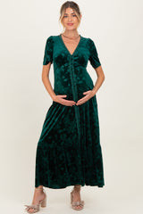 Forest Green Velvet Floral Button Down Maternity Maxi Dress