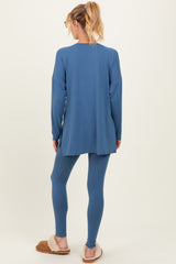 Blue Brushed Knit Maternity Oversized Top and Legging Set
