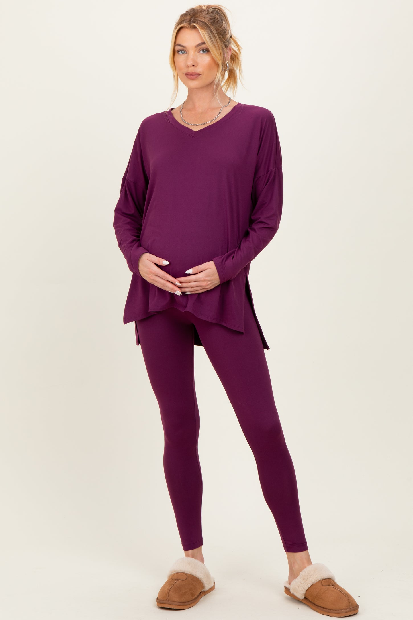 Plum Brushed Knit Maternity Oversized Top and Legging Set