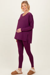 Plum Brushed Knit Maternity Oversized Top and Legging Set