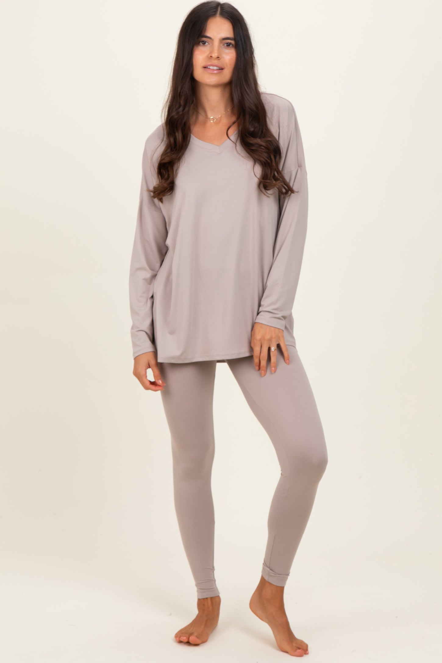 Beige Brushed Knit Oversized Top and Legging Set