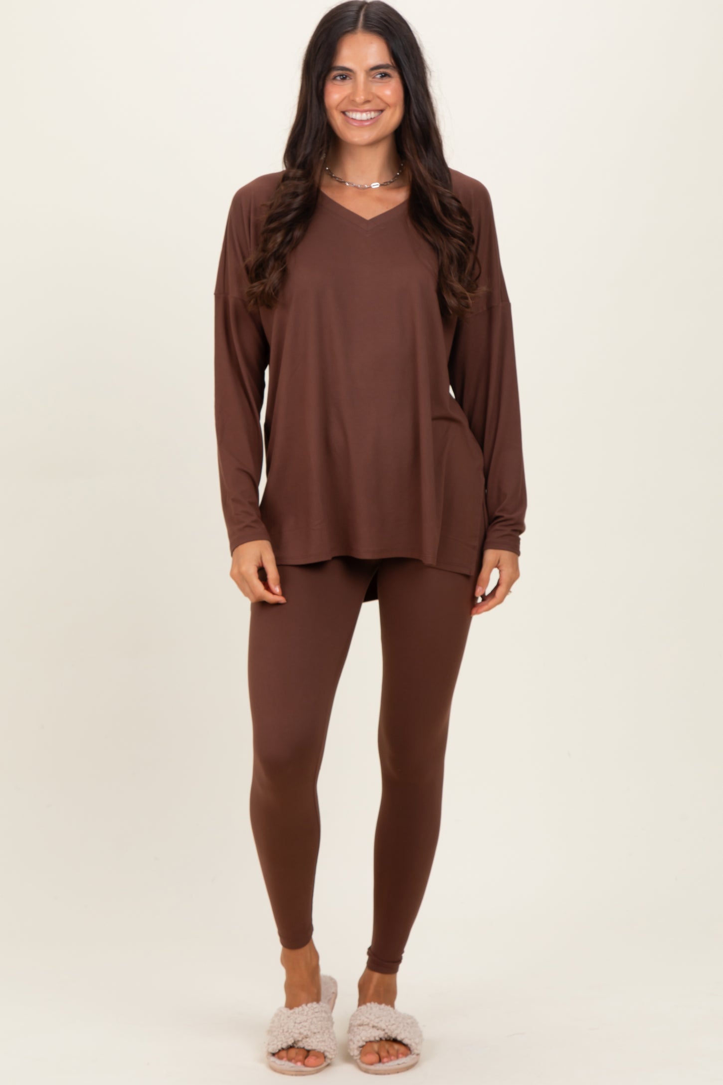 Brown Brushed Knit Oversized Top and Legging Set