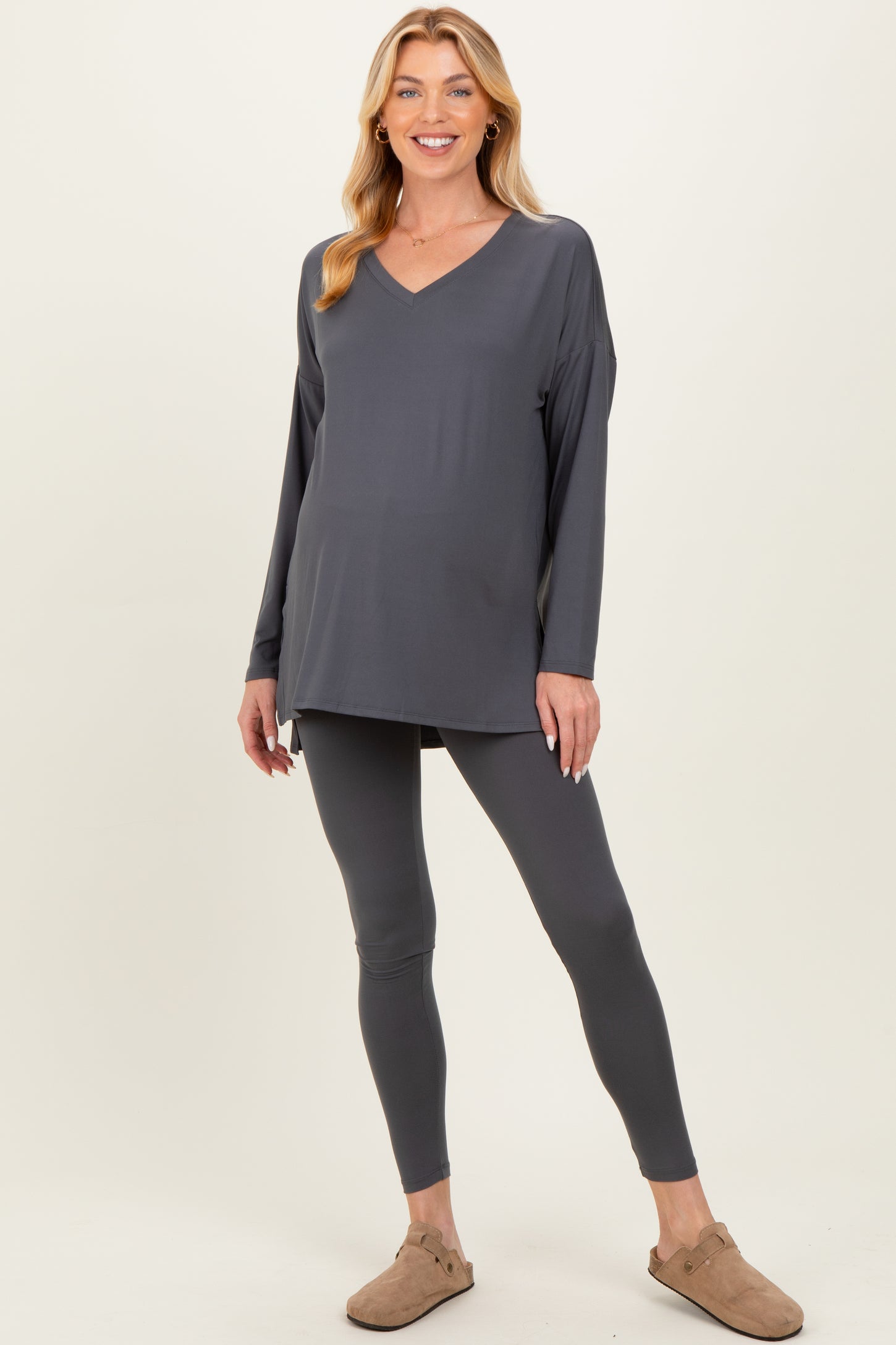 Charcoal Brushed Knit Maternity Oversized Top and Legging Set