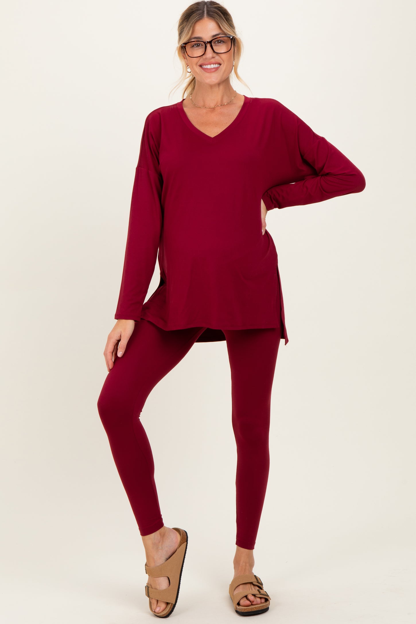 Burgundy Brushed Knit Maternity Oversized Top and Legging Set