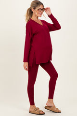 Burgundy Brushed Knit Maternity Oversized Top and Legging Set