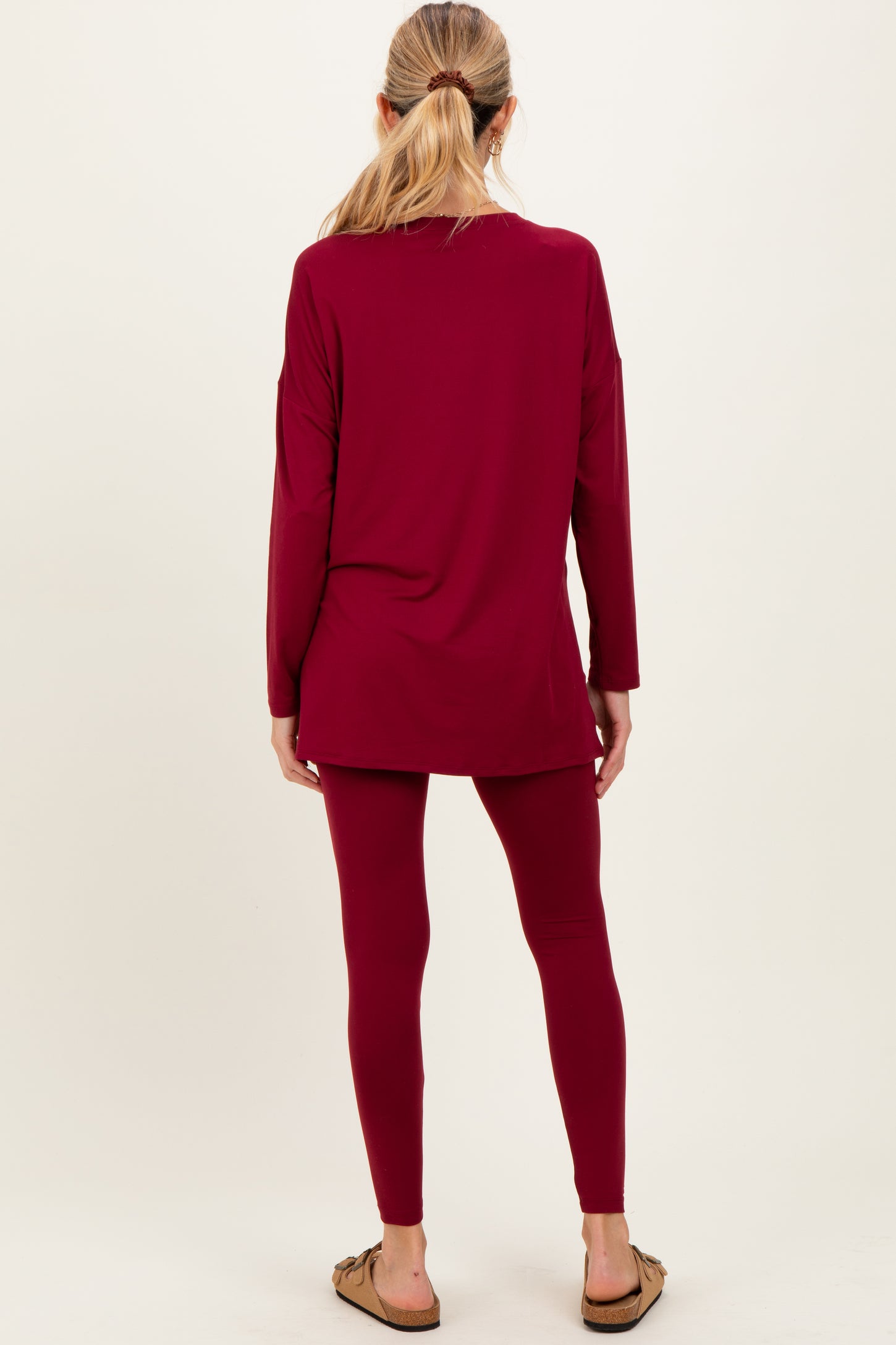 Burgundy Brushed Knit Maternity Oversized Top and Legging Set