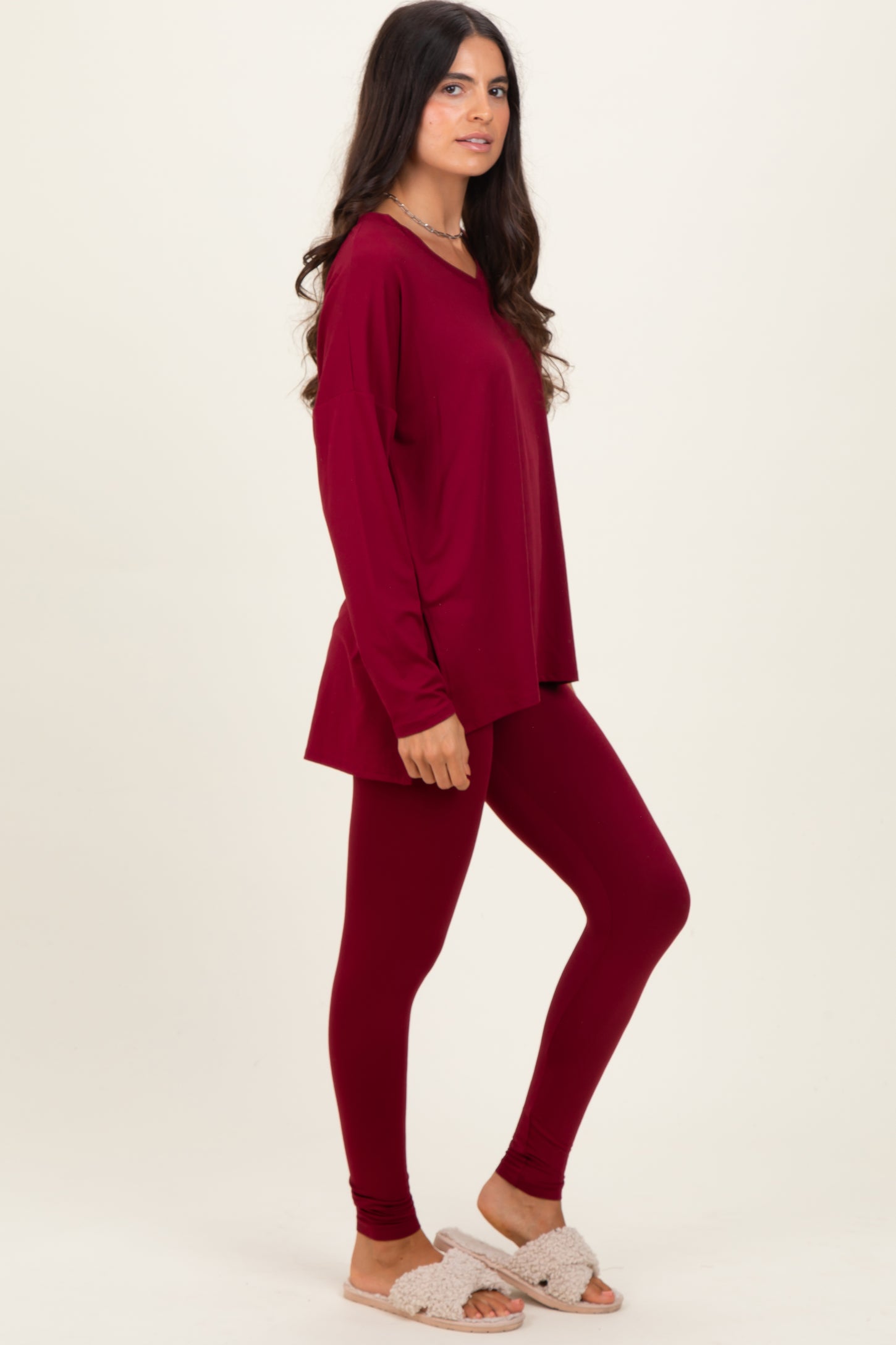 Burgundy Brushed Knit Oversized Top and Legging Set