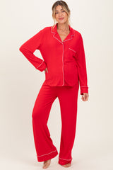 Red Button Down Top Wide Leg Pant Maternity Pajama Set