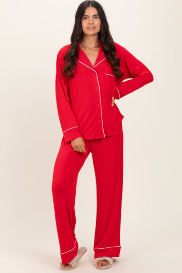 Red Button Down Top Wide Leg Pant Pajama Set