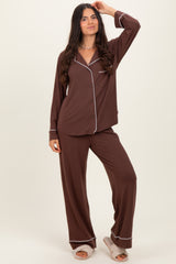 Brown Button Down Top Wide Leg Pant Pajama Set