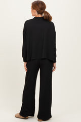 Black Textured Rib Mock Neck Long Sleeve Pants Set