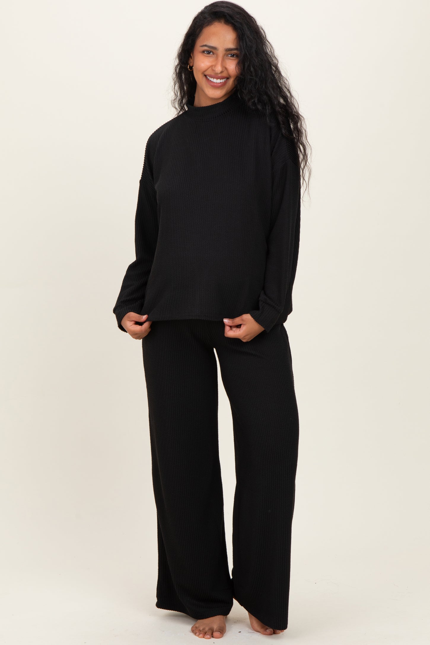 Black Textured Rib Mock Neck Long Sleeve Pants Maternity Set