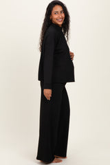Black Textured Rib Mock Neck Long Sleeve Pants Maternity Set
