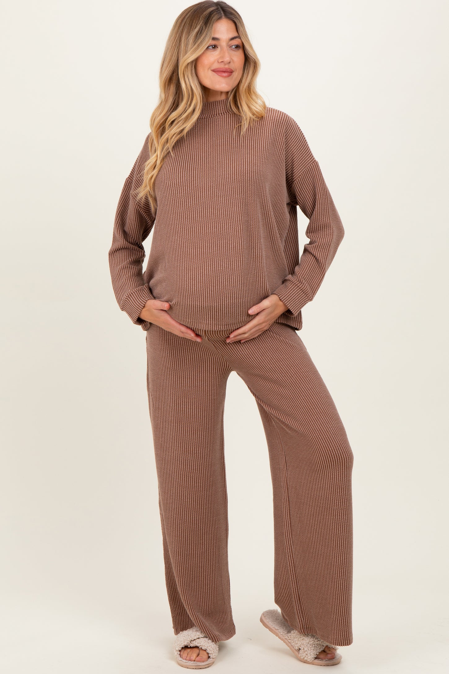 Mocha Textured Rib Mock Neck Long Sleeve Pants Maternity Set