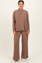 Mocha Textured Rib Mock Neck Long Sleeve Pants Set