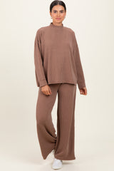 Mocha Textured Rib Mock Neck Long Sleeve Pants Set
