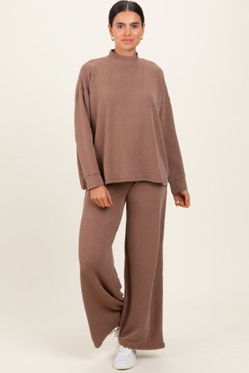 Mocha Textured Rib Mock Neck Long Sleeve Pants Set