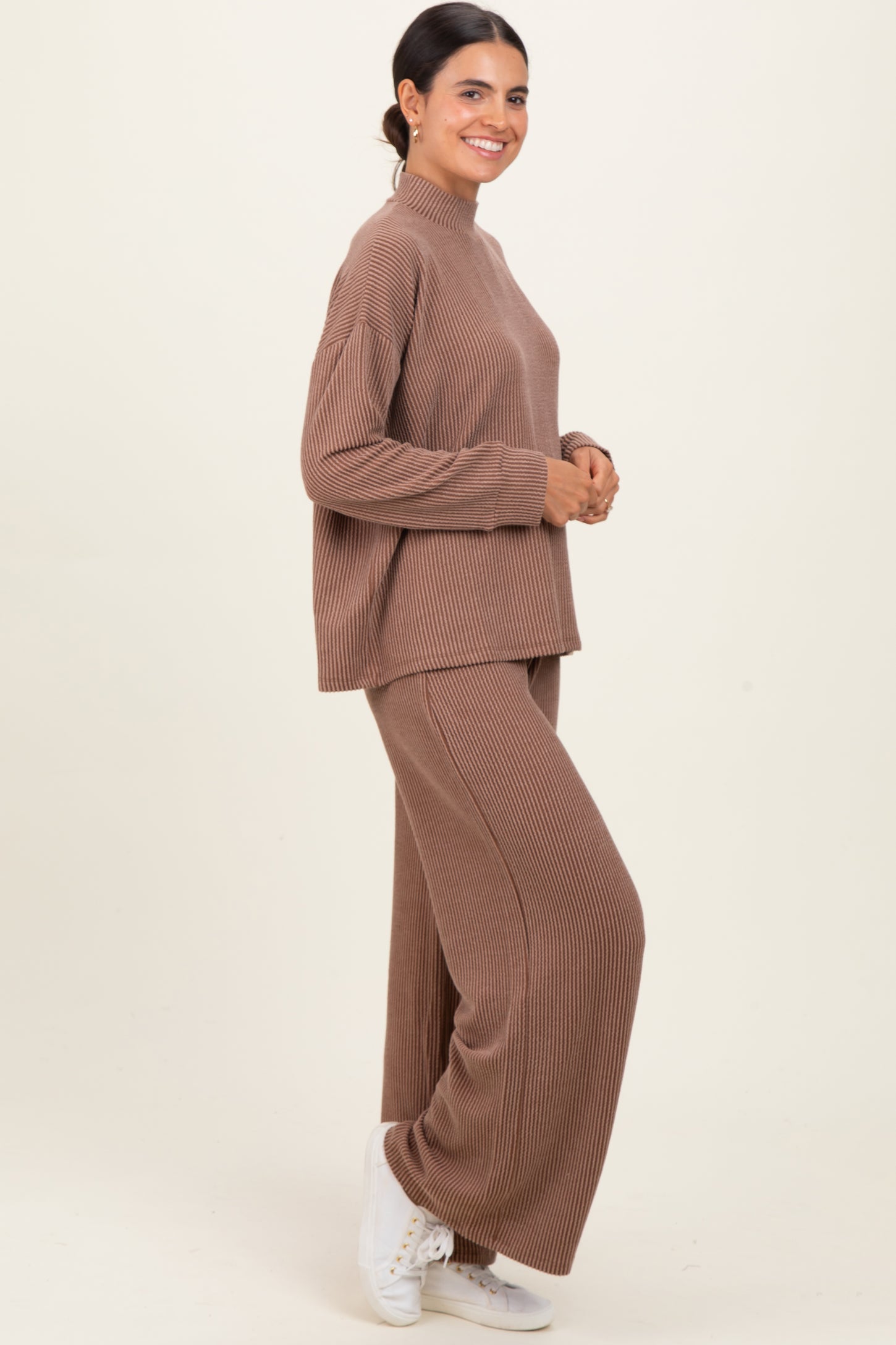 Mocha Textured Rib Mock Neck Long Sleeve Pants Set