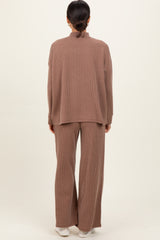 Mocha Textured Rib Mock Neck Long Sleeve Pants Set