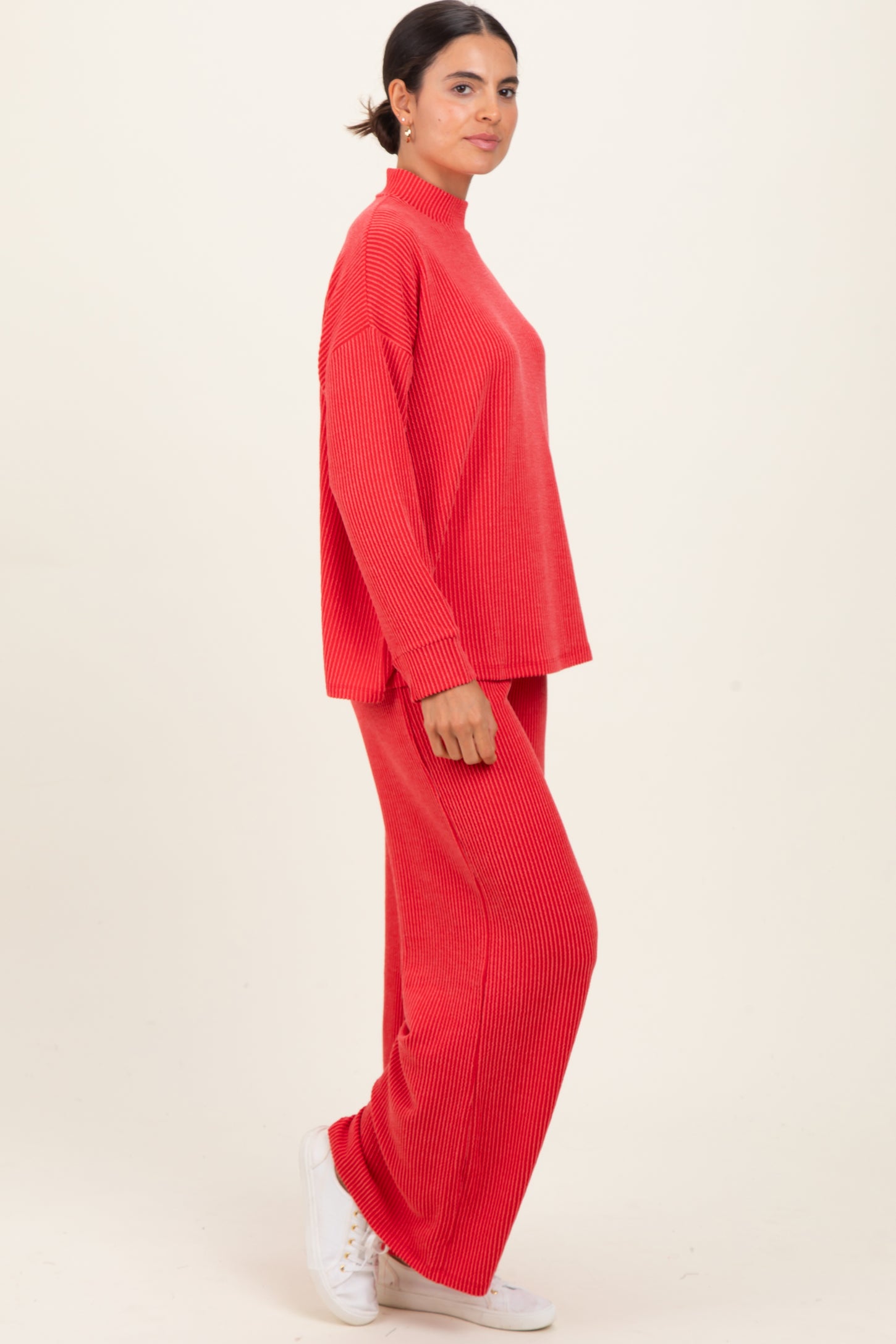 Red Textured Rib Mock Neck Long Sleeve Pants Set