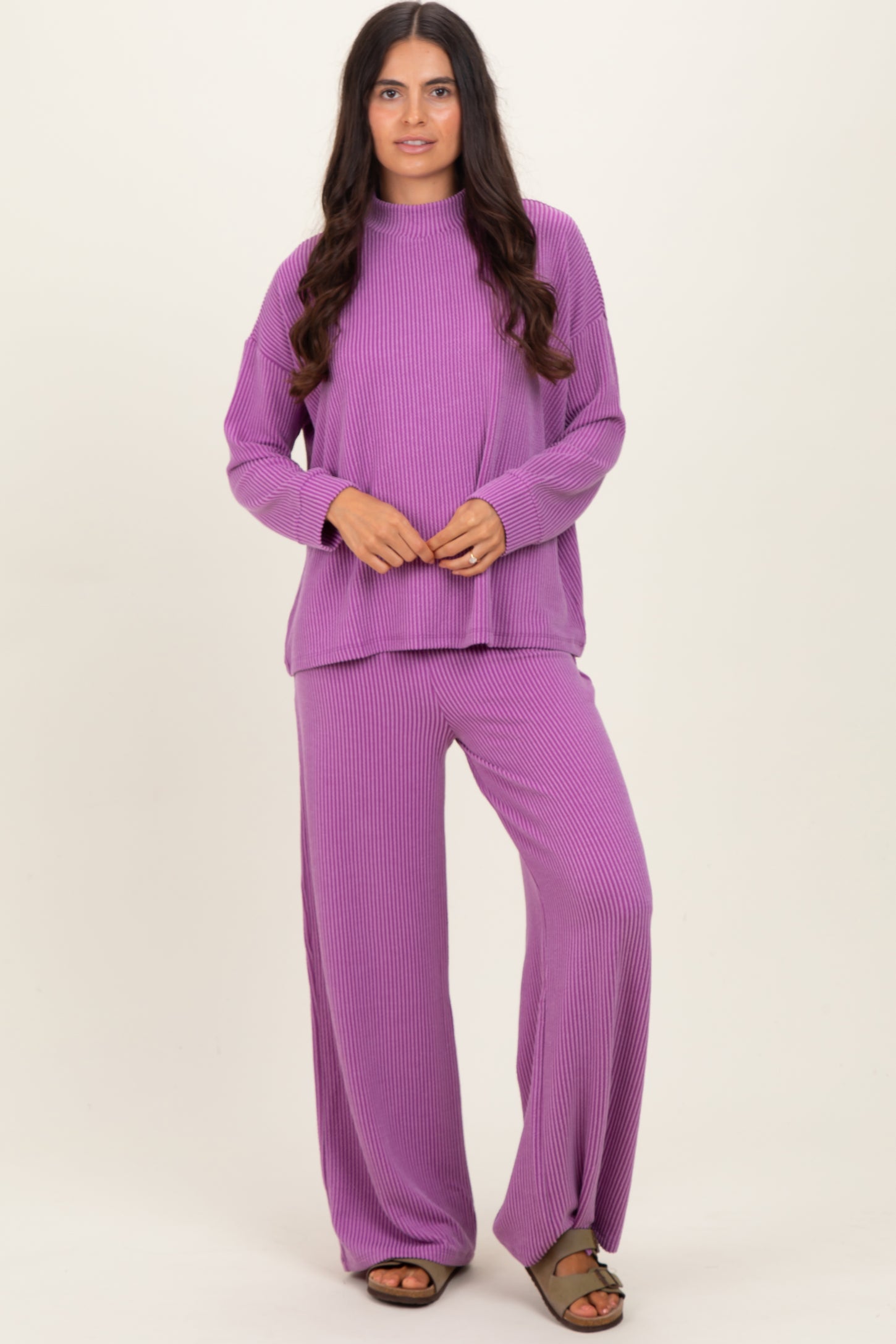 Lavender Textured Rib Mock Neck Long Sleeve Pants Maternity Set