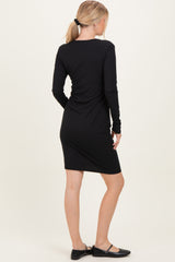 Black Ribbed Long Sleeve V-Neck Wrap Midi Dress