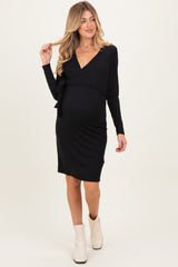 Black Ribbed Long Sleeve V-Neck Wrap Maternity Midi Dress