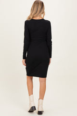 Black Ribbed Long Sleeve V-Neck Wrap Maternity Midi Dress