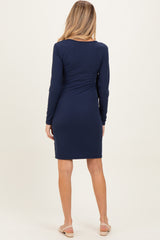 Navy Ribbed Long Sleeve V-Neck Wrap Maternity Midi Dress