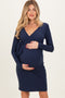 Navy Ribbed Long Sleeve V-Neck Wrap Maternity Midi Dress