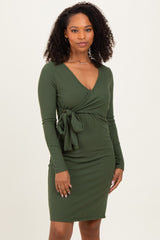 Olive Ribbed Long Sleeve V-Neck Wrap Midi Dress