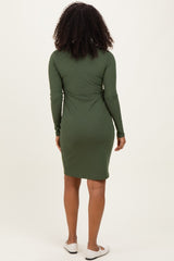 Olive Ribbed Long Sleeve V-Neck Wrap Midi Dress