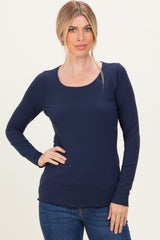 Navy Ribbed Long Sleeve Lettuce Trim Maternity Top