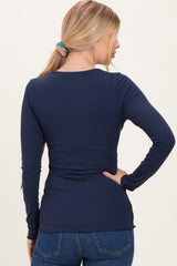 Navy Ribbed Long Sleeve Lettuce Trim Top