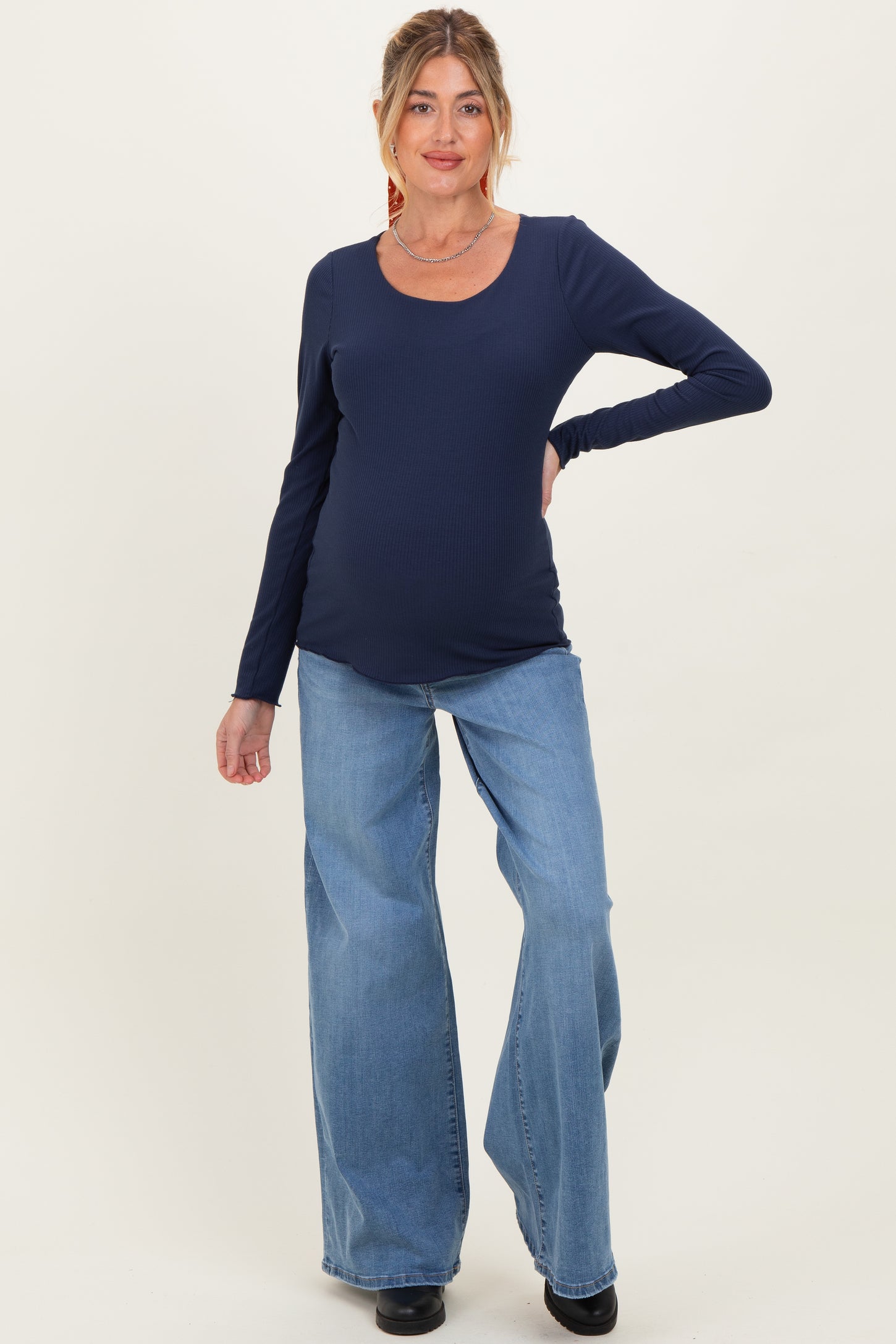 Navy Ribbed Long Sleeve Lettuce Trim Maternity Top