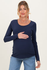Navy Ribbed Long Sleeve Lettuce Trim Maternity Top