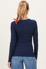 Navy Ribbed Long Sleeve Lettuce Trim Maternity Top