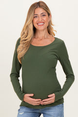 Olive Ribbed Long Sleeve Lettuce Trim Maternity Top