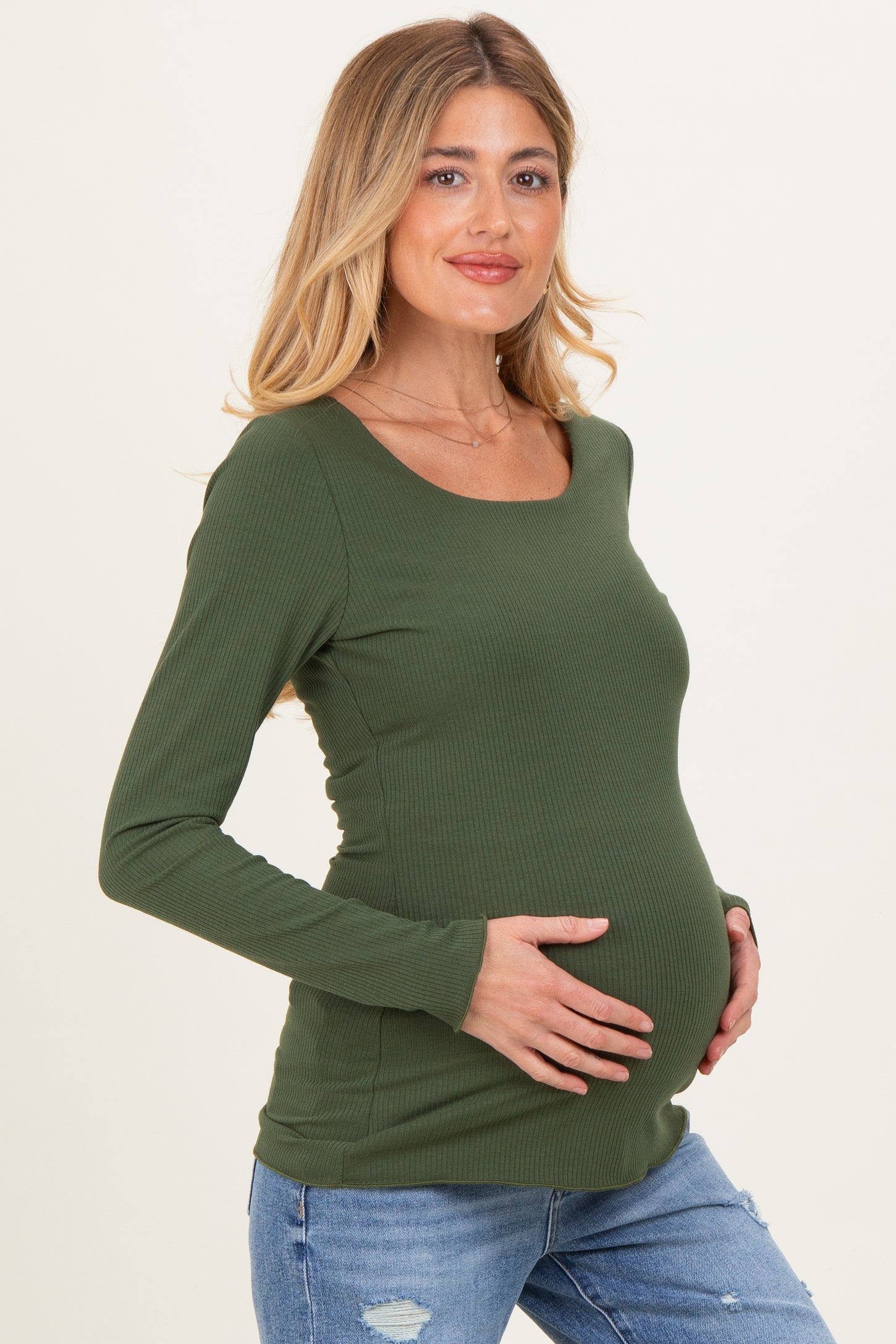 Olive Ribbed Long Sleeve Lettuce Trim Maternity Top